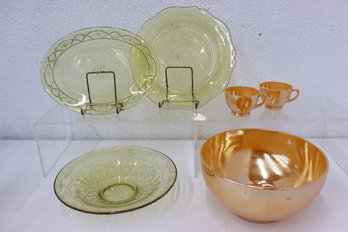 Three Vintage Olive Amber Glass Trays And Three Iridescent Amber Orange Milk Glass Pieces (bowl And 2 Cups)
