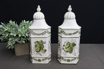 Two Sage And White Italian Stoneware Painted Canisters With Onion-Dome Tops