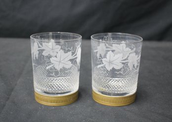 Pair Of Antique French Crystal Old Fashioned Rocks Glasses With Grape Leaf Etchings And Gold Encrustation
