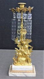 Rococo Revival Frieze On Marble Blocks Candlestick With Patterned Glass Crystal Hanging Pendants