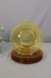 Group Of 6 Vintage Cut And Striped Yellow Amber Glass Plates