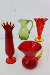 Group Lot Of Colorful Hand Blown Glass Pitchers And Vases