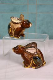 Two DeRosa Handmade Ceramic #767 Rabbits With Gold & Platinum Detail