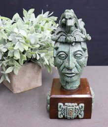 Verdigris Cast Agate Tribal Bust Mounted On Wood Block With Symbol Applique