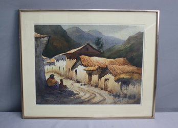 Vintage Original Watercolor Village In The Andes, Signed And Dated Arrasco '83