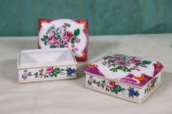 A Pair Of Hand-Painted Floral Porcelain Trinket Boxes, Two Red Doves Mark On Bottom