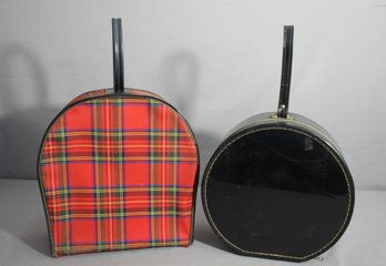 Pair Of Vintage Round Luggage Pieces In Tartan And Black