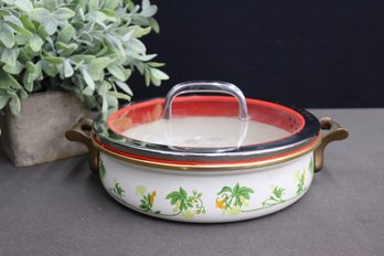 Enameled Casserole With Brass Handles And Clear Glass Lid