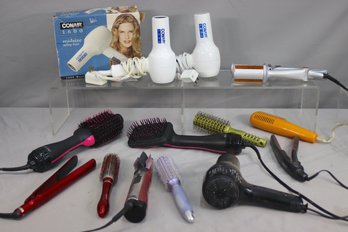 Group Lot Of Hair Dryers, Straighteners, And Styling Brushes