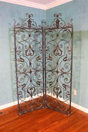 Patinated Metal Scroll & Filigree 2 Panel Folding Corner Screen/Room Divider