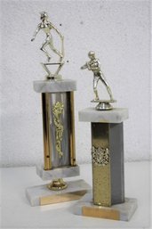 Two Tall Column Marble Base And Plastic Baseball Trophies (one Is Missing Bat)