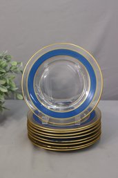 Group Of 9 Vintage Clear Glass Plates With Gold Rim And Blue Band