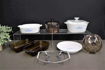 Group Lot Of Cookware Including CorningWare Cornflower Blue, Corning/Visions, Anchor Hocking Amber