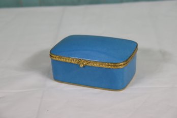 Vintage Cerulean Blue Hand-Painted Limoges Jewelry Casket With Brass Mounts