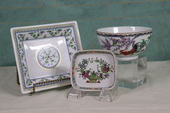 3 Porcelain Vessels: Reynaud Limoges Square Plate,  Herend Small Dish, Small Chinese Porcelain Bowl