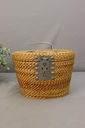 Chinese Wicker Tea Basket With Aluminum Fittings, Superb Fish Clasp-Latch, Ornate Hinges