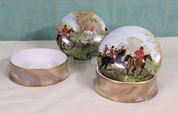 Two Vintage Limoges Lidded Trinket Boxes Decorated With Hand-Painted Fox Hunt Scenes