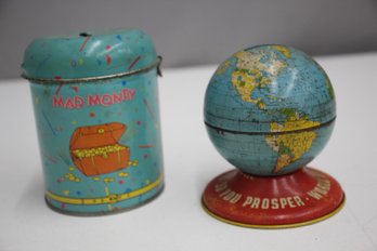 Vintage Giftco Mad Money Hinged Tin Piggy Bank & Globe Coin Bank