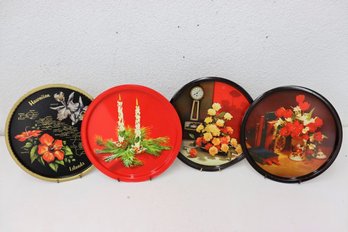 One Round Metal Hawaiian Souvenir Tray AND Three Painted Metal Tole Ware Round Trays