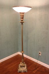 Vintage Art Deco Style Torchiere Floor Lamp On Onyx  And Brass Filigree Base