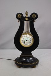 Vintage Wood And Brass Lyre Clock With Hand Painted Porcelain Face
