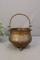 Vintage Patinated Embossed Footed Copper Pot With Handle