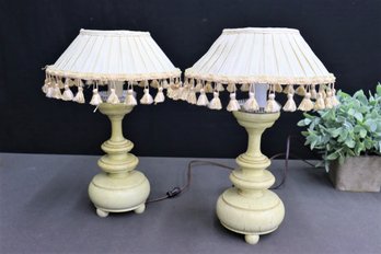 Vintage Pair Of Baluster Wood Candle Lamps With Tasseled Carousel Shades