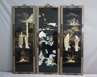 Trio Of Vintage Chinese Black Lacquer Wood Panels With Low Relief & Inlay