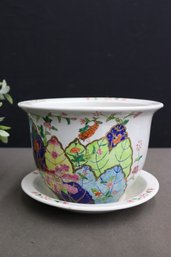 Vintage Asian Style Hand Painted Porcelain Planter And Saucer