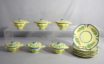 6 Vintage HB Quimper France Floral Pottery Lug Handled Porridge Bowl W/ Lid And Plates