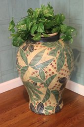 Statuesque Terra Cotta Floor Urn With Leaf Pattern And Black Collar