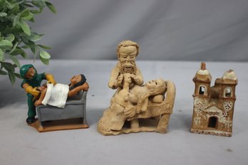 Group Lot Of 2 Artisan Pottery Birthing Figurines And A Mission Church