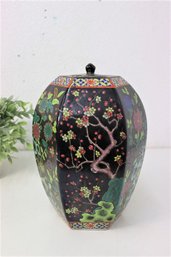 Asian Cherry Blossom Famille Noir Hexagonal Lidded Jar