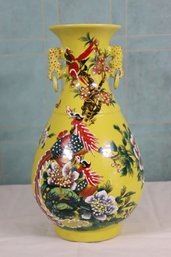 Chinese Yellow Ground & Bird Decoration Handled Vase,  Signed On Bottom