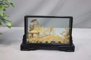 Vintage Chinoiserie Elongated Showcase  With Hand Carved Cork Diorama  With Pagoda, Trees & Bridge Landscape