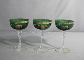 Trio Of Melrose-Green Cordial Glasses With Gold Encrusted Stems