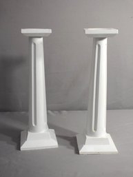 Pair Of Wooden White Painted Column Candle Holder