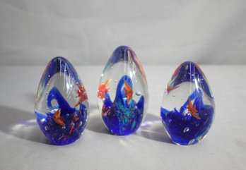 Set Of Three Vintage Art Glass Egg-Shaped Paperweights