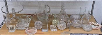 Shelf Lot Of Various Cut Glass And Crystal Small Bowls, Pitcher, Decanter, Cake Stand, And More