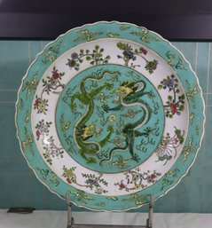 Chinese Enamel Porcelain Dragons And Flowers Charger With Apocryphal Kangxi Mark To Base