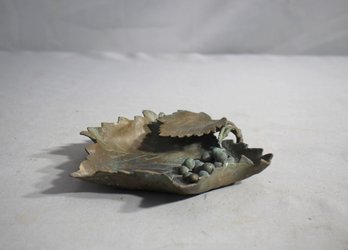 Antique Bronze Grape Leaf Dish With Vine Detailing And Maker's Mark