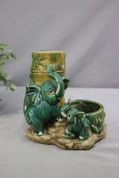 Vintage Majolica Style Lucky Double Elephant Bamboo Planter