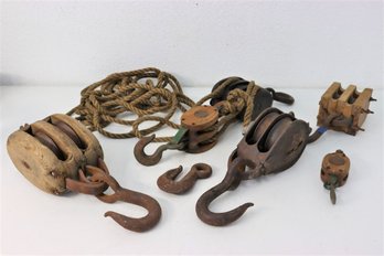 Grouping Of Vintage Wood And Metal Block And Tackle Pulleys, Hooks, And Ropes Etc