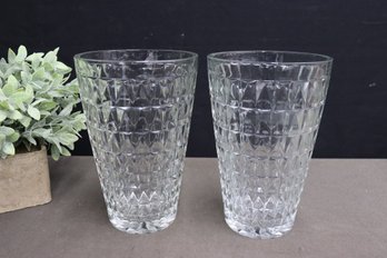 A Pair Of Shield & Spear Pattern Glass Flower Vases