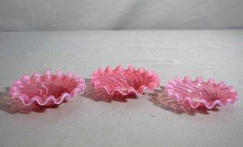 Set Of Three Cranberry Pink Ruffled Edge Glass Bobeches