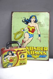 Vintage Wonder Woman Metal Lunch Box And Metal Sign