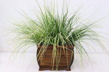 Chinoiserie Reed And Wood Planter With Artificial Ornamental Grass