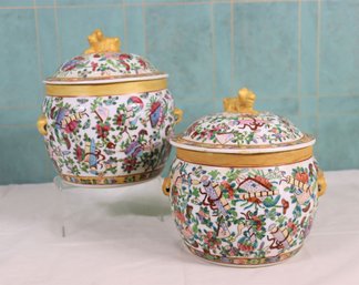 Enameled Famille Rose Temple Jars With Foo Lion Finials