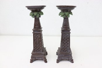 Pair Of Carved Palm Tree And Woven Pattern Column Candle Holders