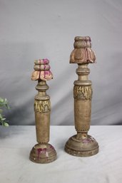 Two Rustic Distressed Wood Candlesticks